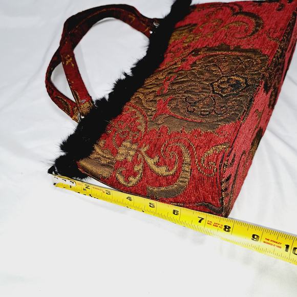 Boho Rich Red Gold Tapestry Hand Bag Rabbit Fur Pompom around top Snap closure - Picture 9 of 13